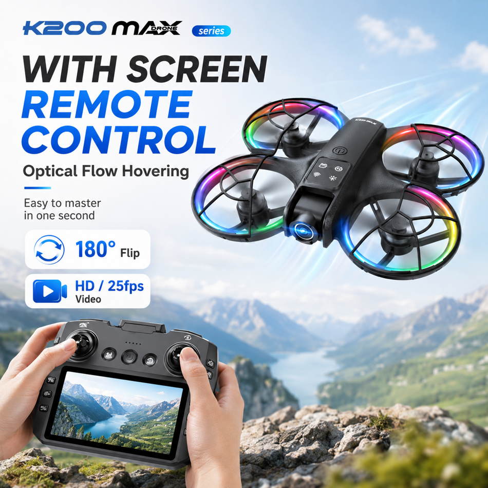 ZNLYRION K200MAX Mini Drone RC Quadcopter, LCD Screen Remote, 180-Degree Electric Adjustable Camera, Brushless Motor, Optical Flow Hover, RGB Colorful Light
