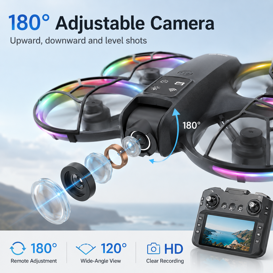 ZNLYRION K200MAX Mini Drone RC Quadcopter, LCD Screen Remote, 180-Degree Electric Adjustable Camera, Brushless Motor, Optical Flow Hover, RGB Colorful Light