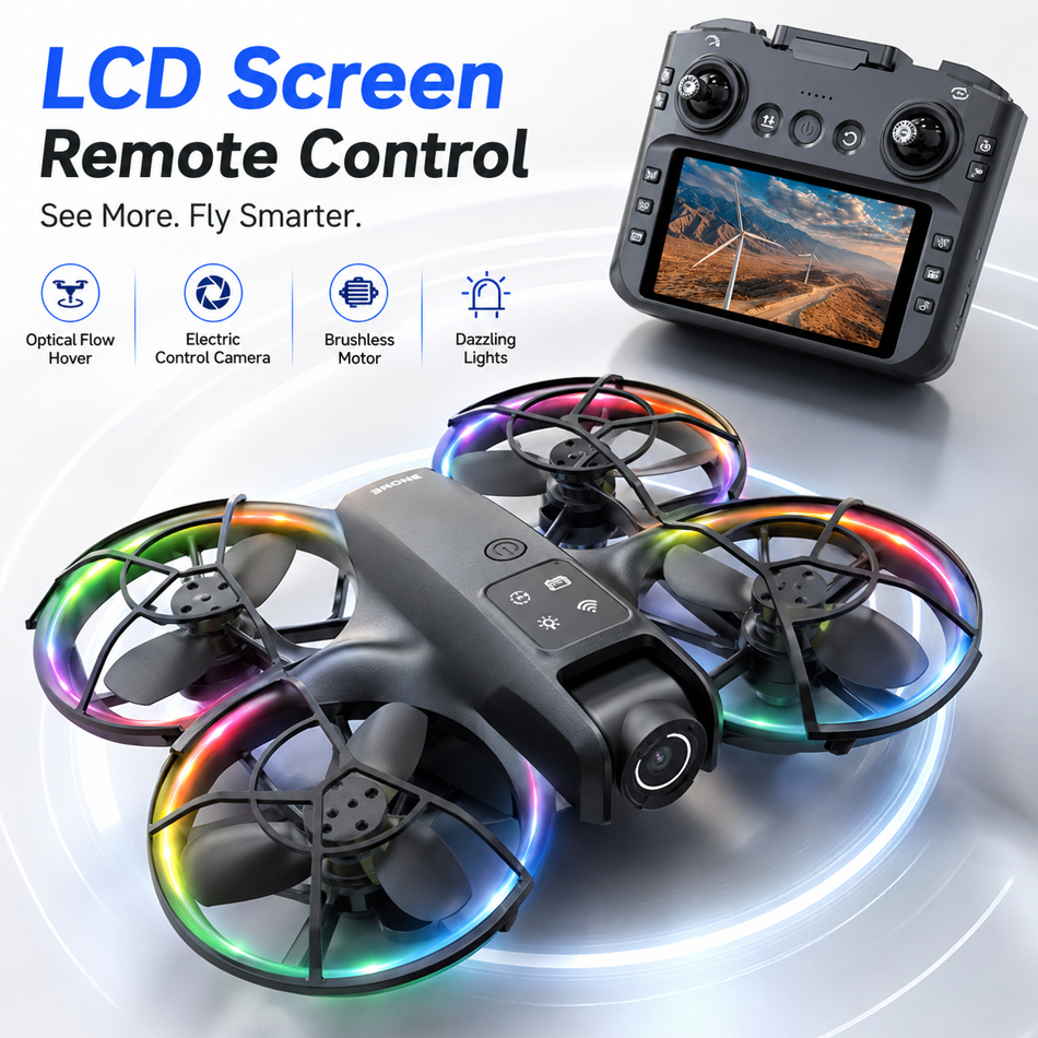 ZNLYRION K200MAX Mini Drone RC Quadcopter, LCD Screen Remote, 180-Degree Electric Adjustable Camera, Brushless Motor, Optical Flow Hover, RGB Colorful Light