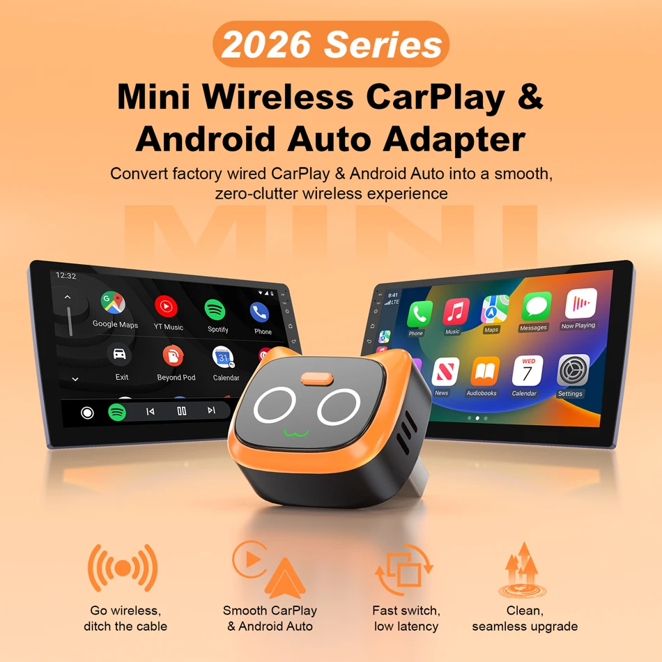 Ottocast Mini Wireless CarPlay and Android Auto Adapter, wireless adapter, button controls, one-touch disconnection, USB cable