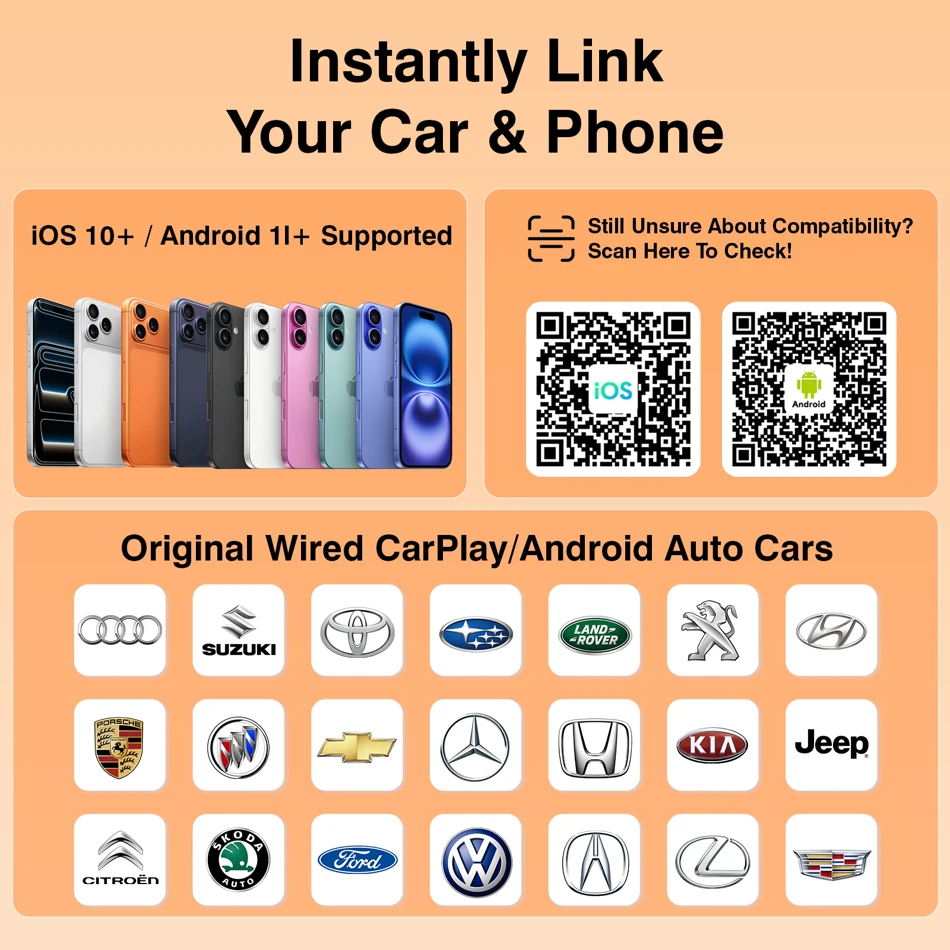 Ottocast Mini Wireless CarPlay and Android Auto Adapter, wireless adapter, button controls, one-touch disconnection, USB cable