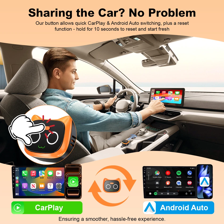 Ottocast Mini Wireless CarPlay and Android Auto Adapter, wireless adapter, button controls, one-touch disconnection, USB cable