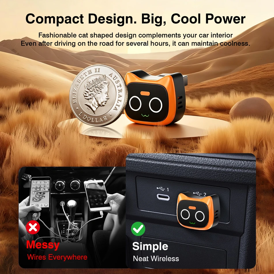 Ottocast Mini Wireless CarPlay and Android Auto Adapter, wireless adapter, button controls, one-touch disconnection, USB cable