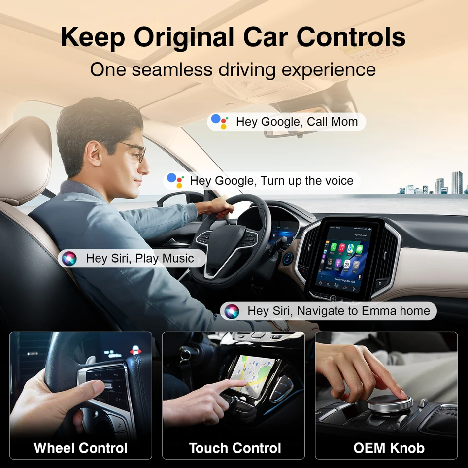 Ottocast Mini Wireless CarPlay and Android Auto Adapter, wireless adapter, button controls, one-touch disconnection, USB cable