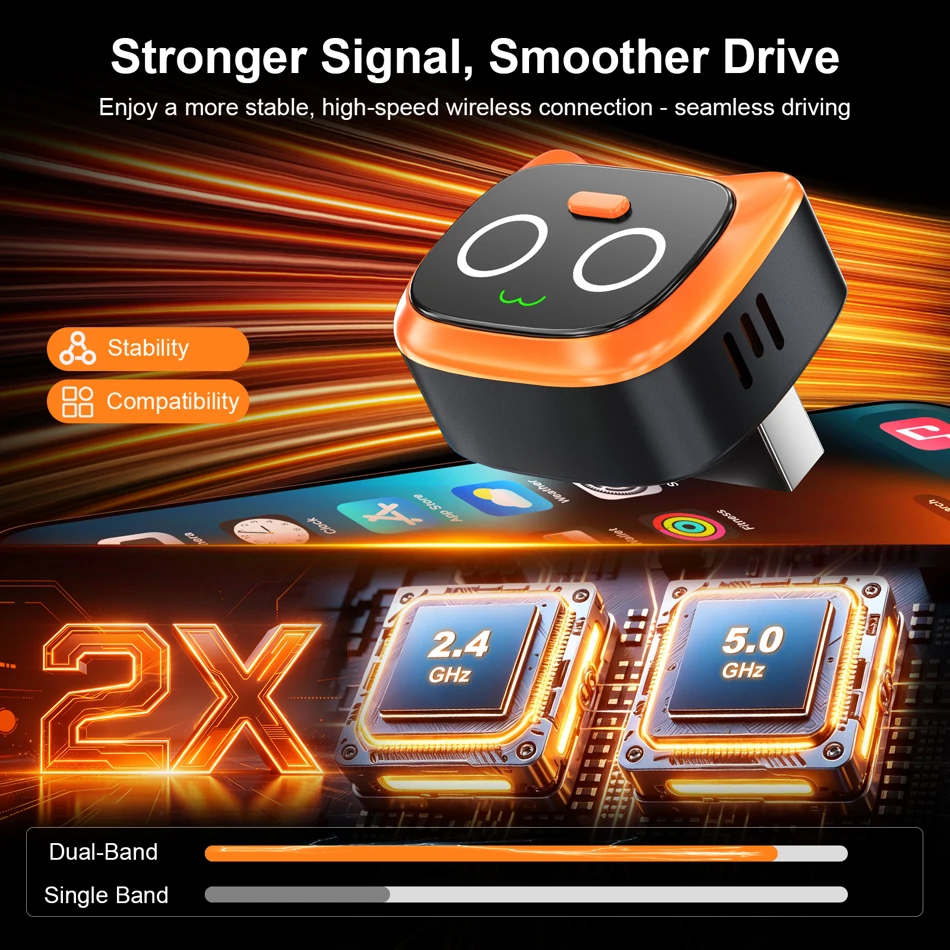 Ottocast Mini Wireless CarPlay and Android Auto Adapter, wireless adapter, button controls, one-touch disconnection, USB cable