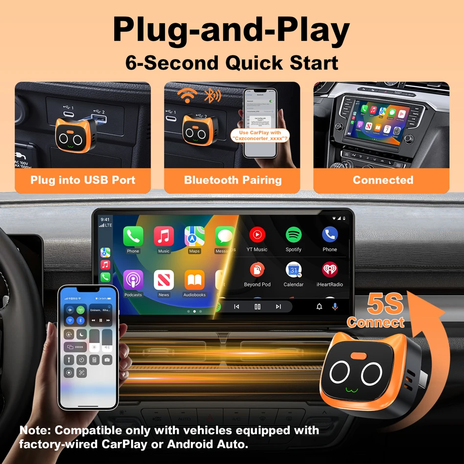 Ottocast Mini Wireless CarPlay and Android Auto Adapter, wireless adapter, button controls, one-touch disconnection, USB cable