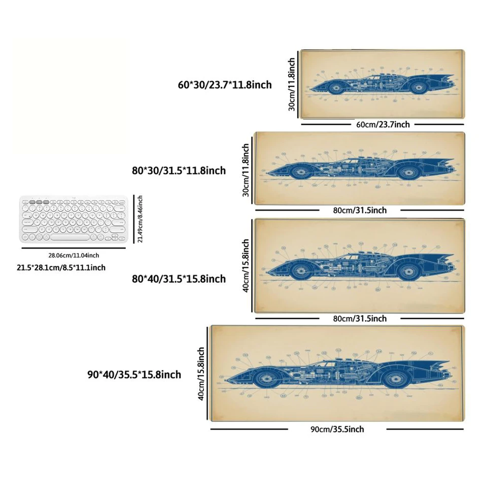 Vintage Car Blueprint XXL Gaming Mouse Pad, Large Non-Slip Mechanical Keyboard Desk Mat for Computer Setup