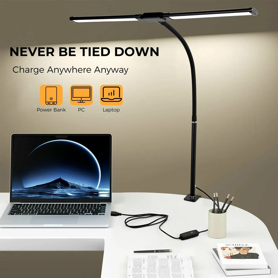 Avolusion HD-1 LED Desk Lamp Double Head Architect Light Clamp 3 Color Modes 10 Brightness USB USB-C Power Adapter Included