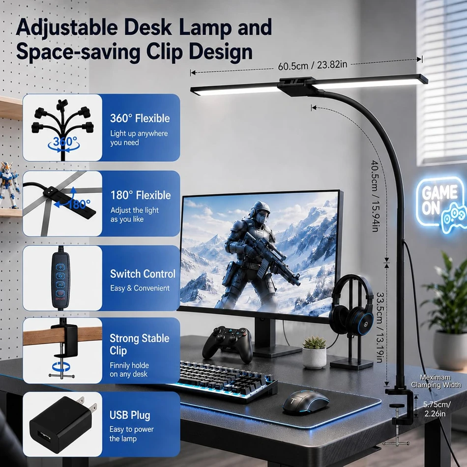 Avolusion HD-1 LED Desk Lamp Double Head Architect Light Clamp 3 Color Modes 10 Brightness USB USB-C Power Adapter Included