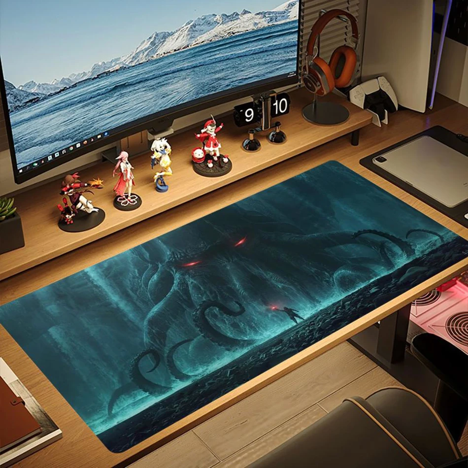 Cthulhu Deep Sea Gothic Monster XXL Gaming Mousepad. This large, overlocked rubber desk mat features unique artwork, perfect for your PC keyboard setup and gaming accessories.