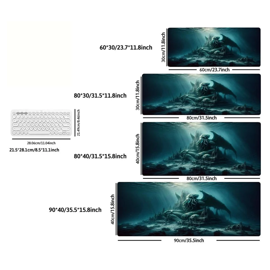 Cthulhu Deep Sea Gothic Monster XXL Gaming Mousepad. This large, overlocked rubber desk mat features unique artwork, perfect for your PC keyboard setup and gaming accessories.