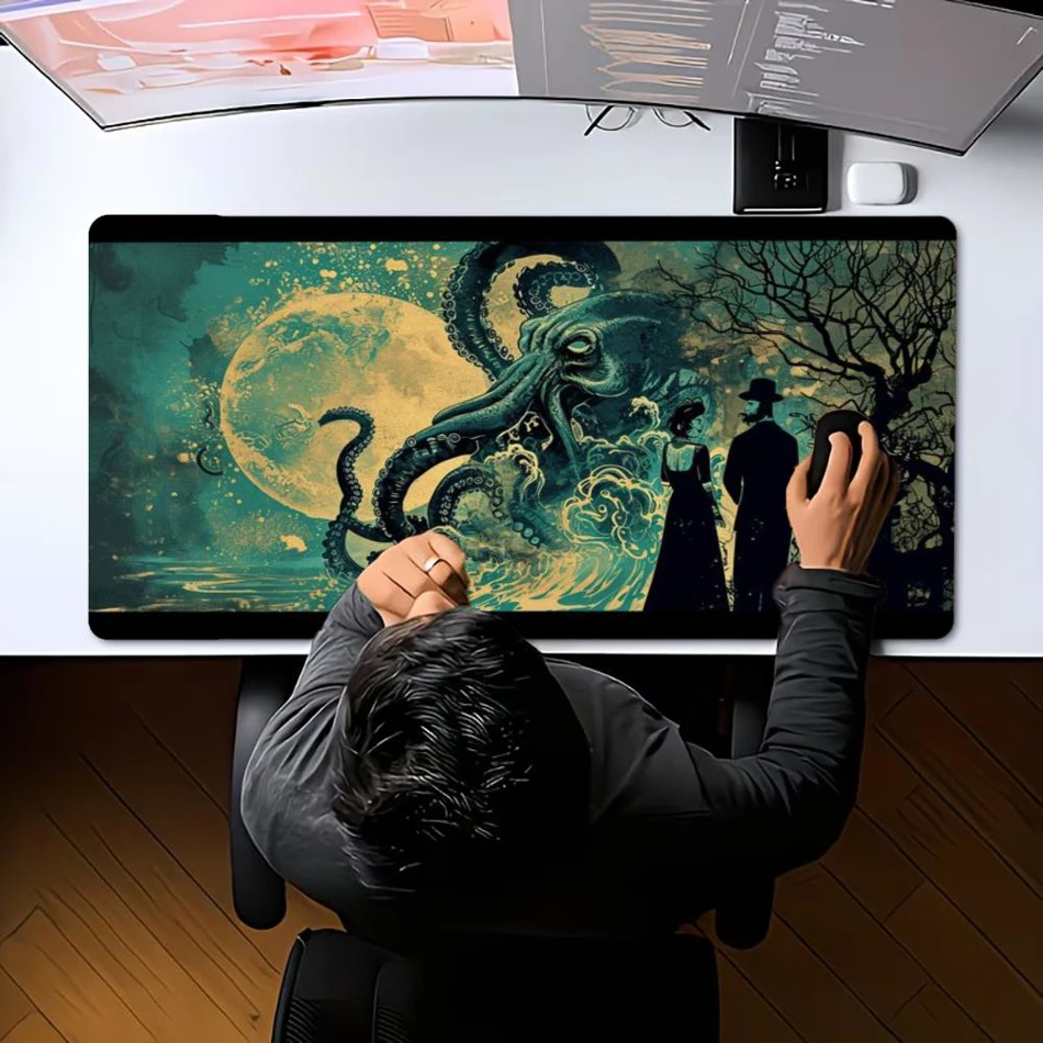 Cthulhu Deep Sea Gothic Monster XXL Gaming Mousepad. This large, overlocked rubber desk mat features unique artwork, perfect for your PC keyboard setup and gaming accessories.