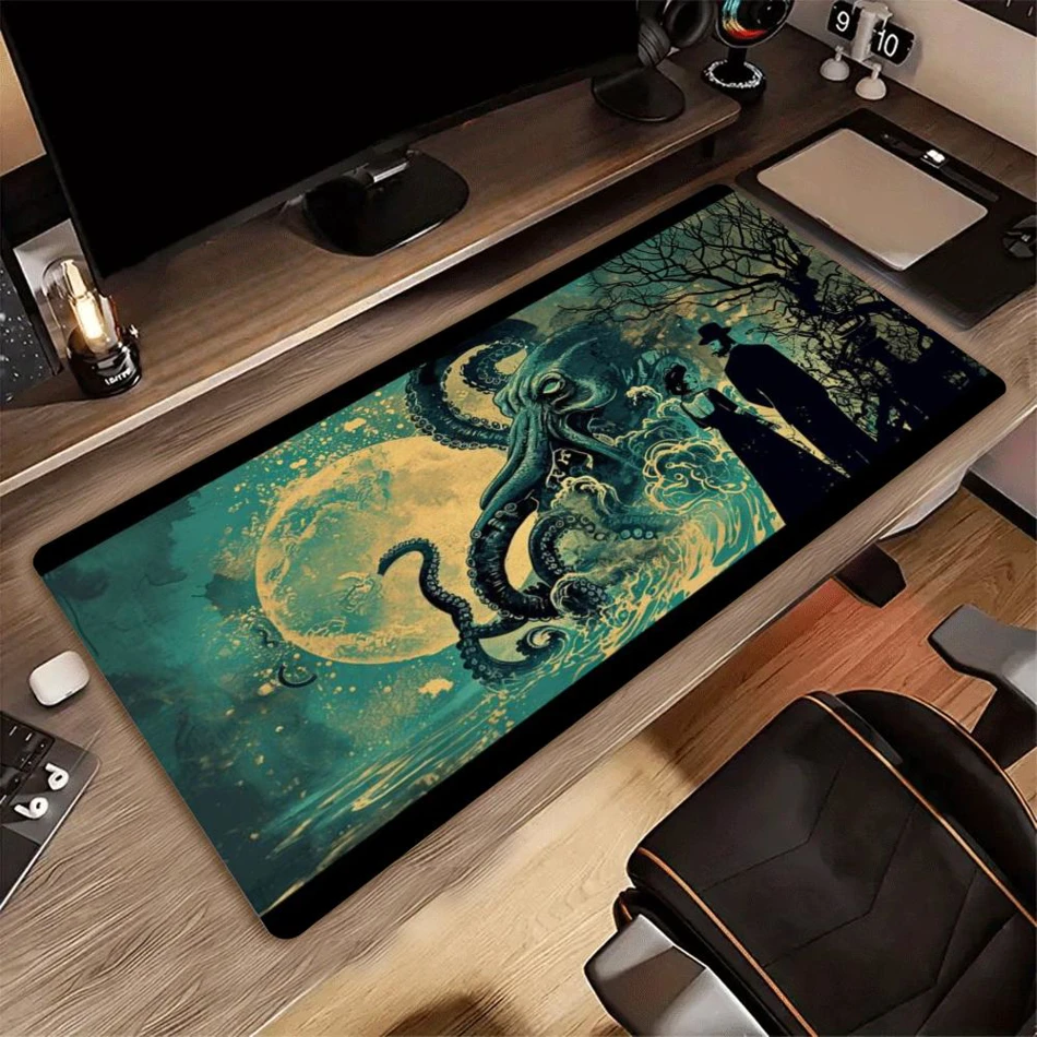 Cthulhu Deep Sea Gothic Monster XXL Gaming Mousepad. This large, overlocked rubber desk mat features unique artwork, perfect for your PC keyboard setup and gaming accessories.