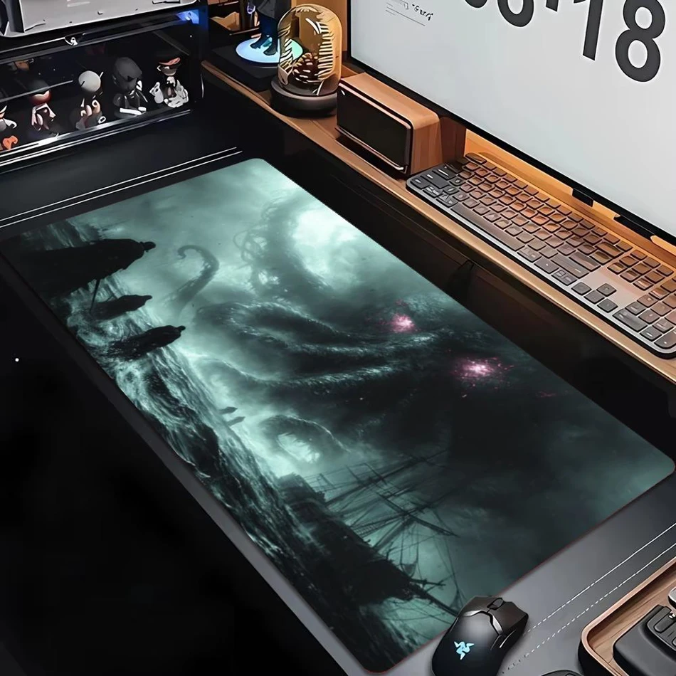 Cthulhu Deep Sea Gothic Monster XXL Gaming Mousepad. This large, overlocked rubber desk mat features unique artwork, perfect for your PC keyboard setup and gaming accessories.