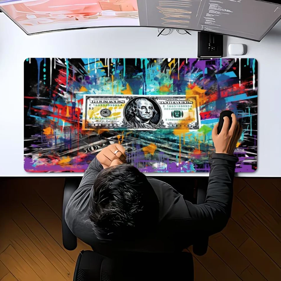 XXL Gaming Mouse Pad 100 Dollar Bill Gold Crypto Stock Neon Abstract Cash Print Anti Slip Rubber Desk Mat For Trader Gamers