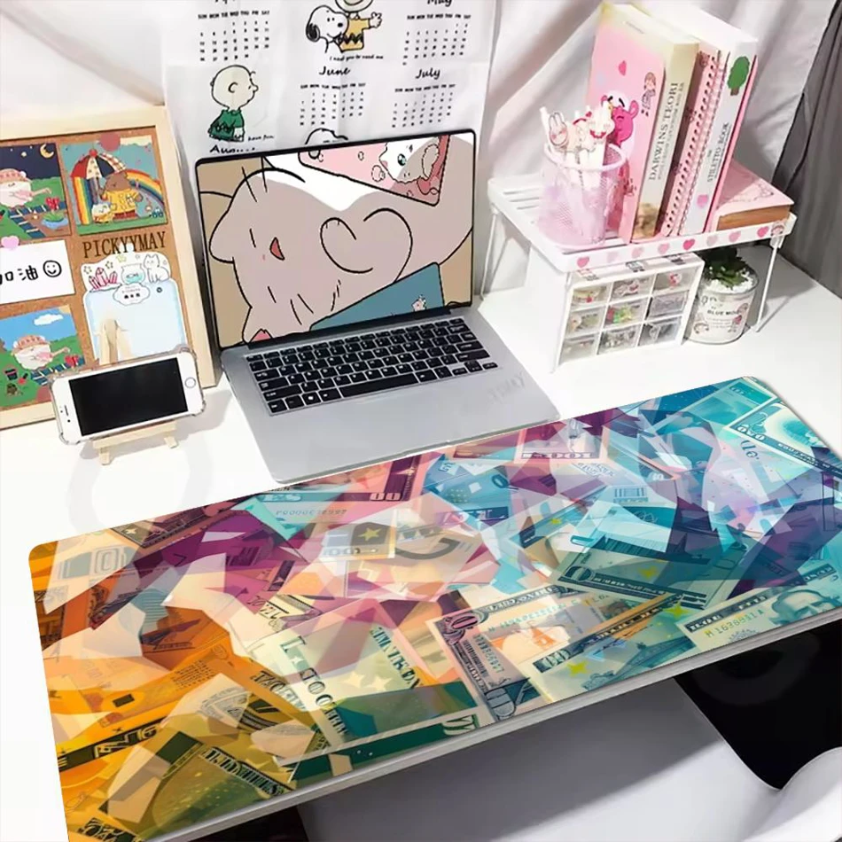 XXL Gaming Mouse Pad 100 Dollar Bill Gold Crypto Stock Neon Abstract Cash Print Anti Slip Rubber Desk Mat For Trader Gamers