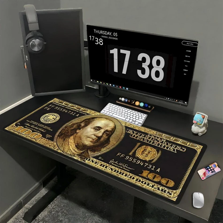 XXL Gaming Mouse Pad 100 Dollar Bill Gold Crypto Stock Neon Abstract Cash Print Anti Slip Rubber Desk Mat For Trader Gamers