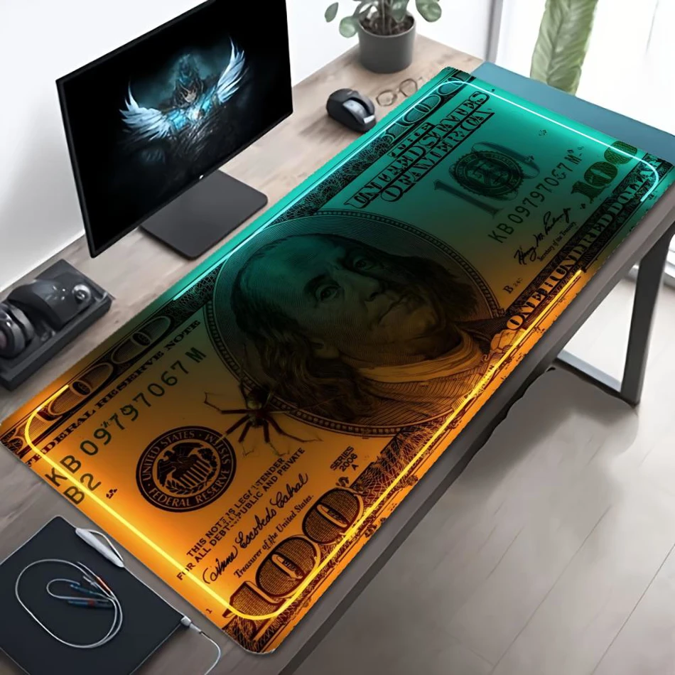 XXL Gaming Mouse Pad 100 Dollar Bill Gold Crypto Stock Neon Abstract Cash Print Anti Slip Rubber Desk Mat For Trader Gamers