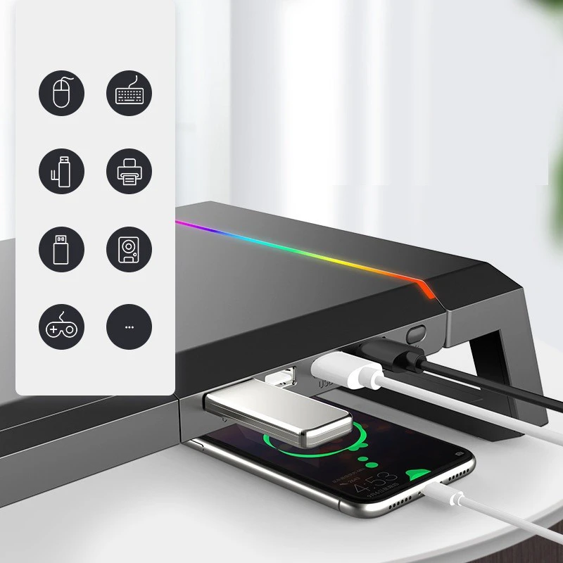Multi-Function Desk Stand for Computer Monitor, Laptop, Tablet, USB Type-C Extend Adapter with Colorful Backlighting