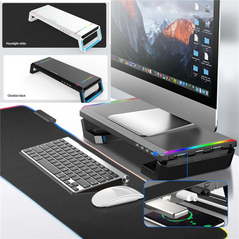 Multi-Function Desk Stand for Computer Monitor, Laptop, Tablet, USB Type-C Extend Adapter with Colorful Backlighting