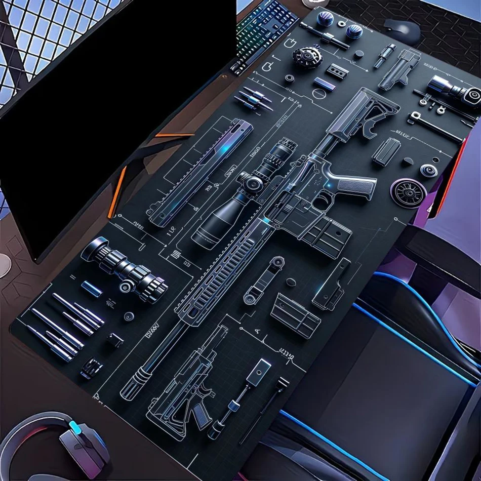XXL Gaming Mouse Pad featuring a tactical rifle blueprint design with neon glow line art. This extra-large, non-slip desk mat provides a smooth surface for PC gamers.