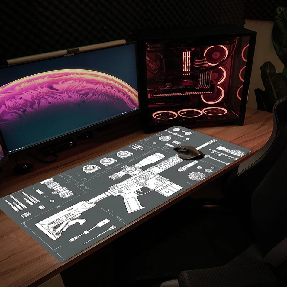 XXL Gaming Mouse Pad featuring a tactical rifle blueprint design with neon glow line art. This extra-large, non-slip desk mat provides a smooth surface for PC gamers.