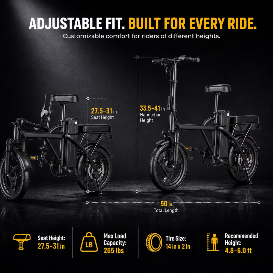 Ado Air 14 Folding Electric Bike 500W 48V Removable Battery 30-45 Miles Range Charger Included