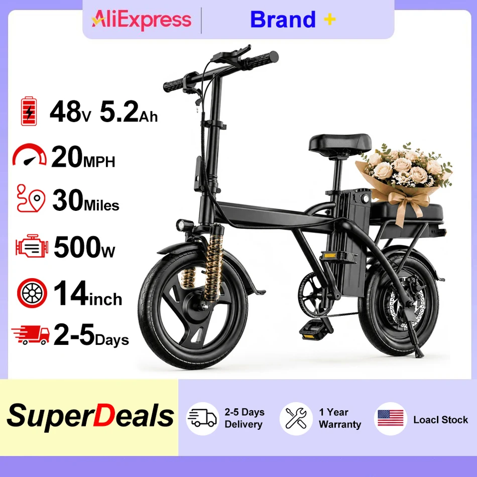Ado Air 14 Folding Electric Bike 500W 48V Removable Battery 30-45 Miles Range Charger Included