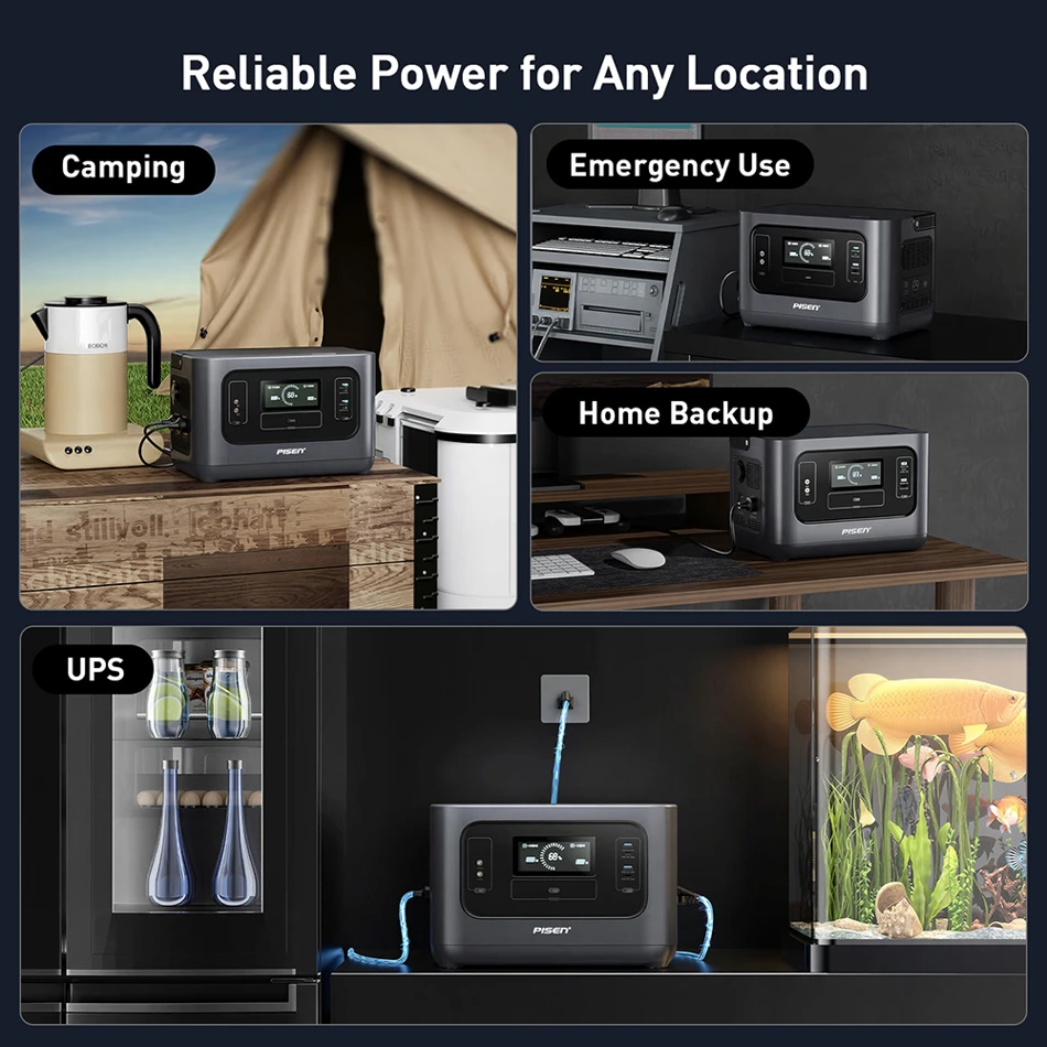 PISEN 1000W 2000W Peak Solar Generator 1008Wh LiFePO4 Battery Portable Power Station Quiet UPS Home Backup Hurricane Emergency Camping RV
