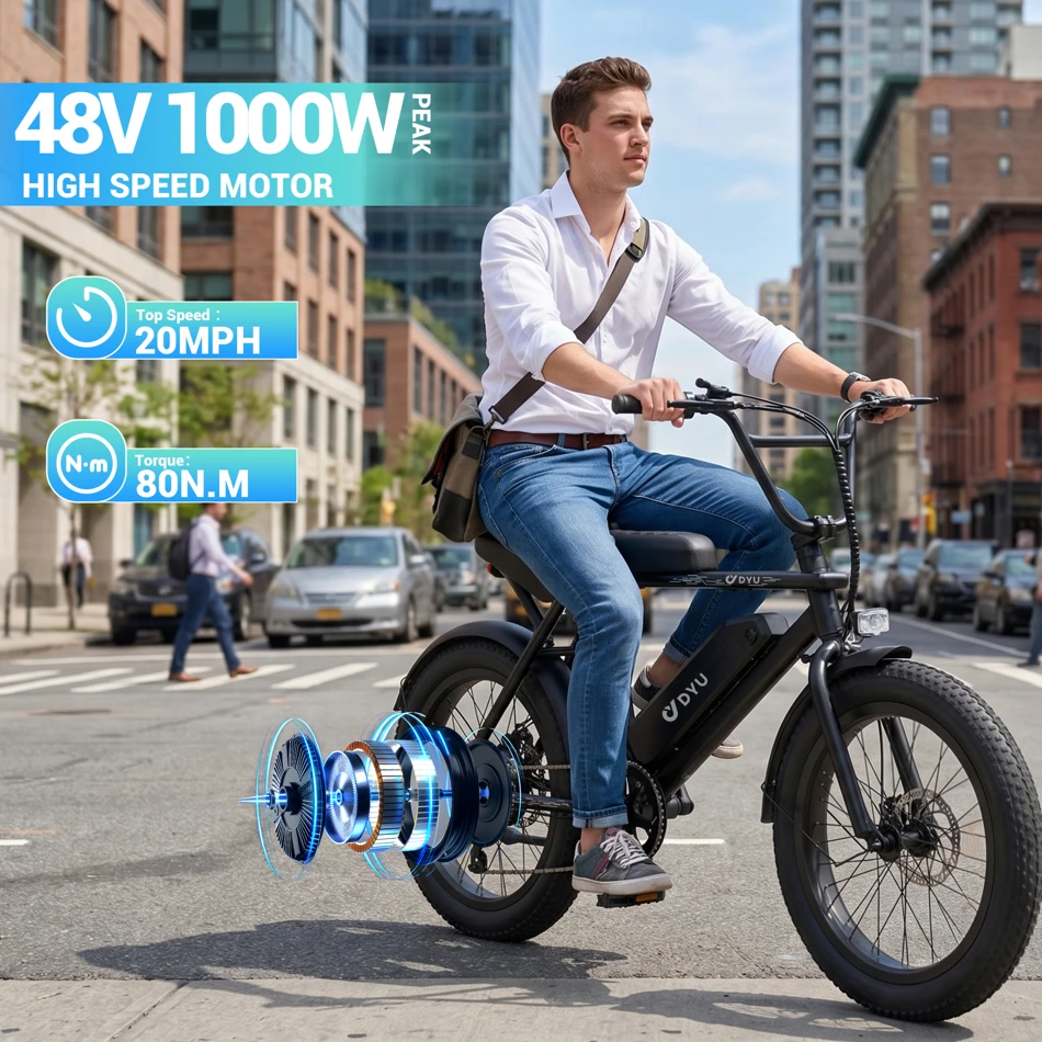DYU BMX Electric Bike 20 3.0 Fat Tire E-Bike 48V 13Ah Removable Battery 1000W Peak Motor City Electric Bicycle Adults