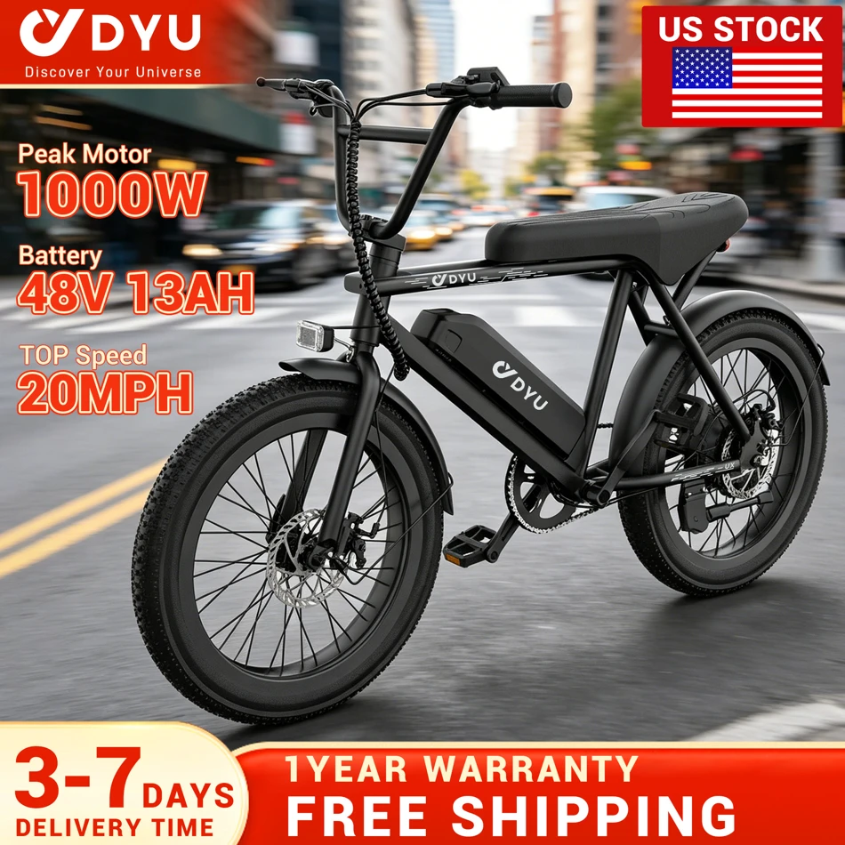 DYU BMX Electric Bike 20 3.0 Fat Tire E-Bike 48V 13Ah Removable Battery 1000W Peak Motor City Electric Bicycle Adults