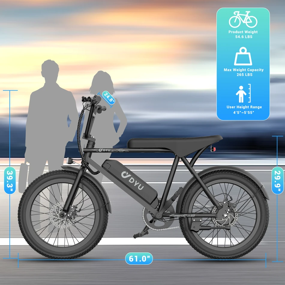 DYU BMX Electric Bike 20 3.0 Fat Tire E-Bike 48V 13Ah Removable Battery 1000W Peak Motor City Electric Bicycle Adults