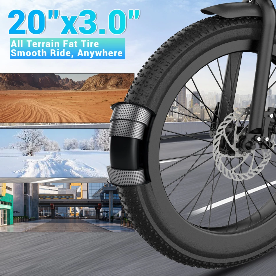 DYU BMX Electric Bike 20 3.0 Fat Tire E-Bike 48V 13Ah Removable Battery 1000W Peak Motor City Electric Bicycle Adults