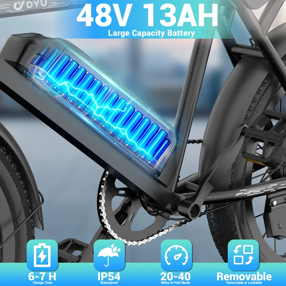 DYU BMX Electric Bike 20 3.0 Fat Tire E-Bike 48V 13Ah Removable Battery 1000W Peak Motor City Electric Bicycle Adults
