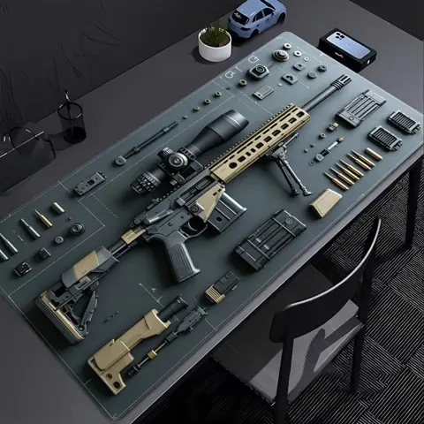 XXL Gaming Mouse Pad featuring a tactical rifle blueprint design with neon glow line art. This extra-large, non-slip desk mat provides a smooth surface for PC gamers.