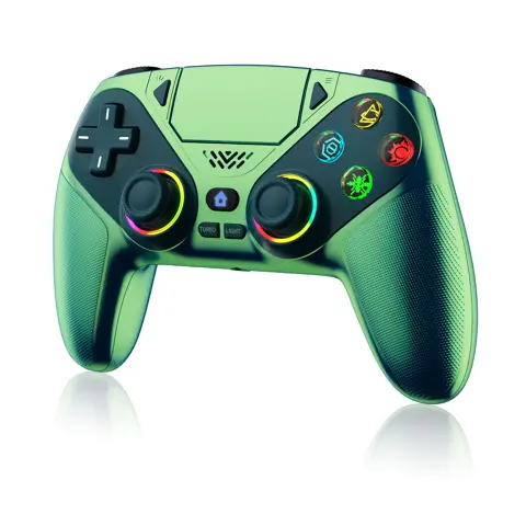 Wireless RGB Gaming Controller for PS5, PS5 Pro, PS5 Slim, and PC featuring dual vibration, programmable macro buttons, turbo function, and precise 3D joysticks.