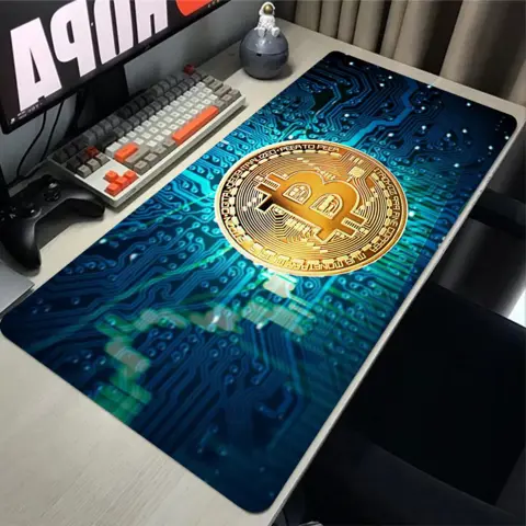 Large Bitcoin Gaming Mouse Pad with Stitched Edges and Anti-Slip Rubber Base. This extra-large, durable computer desk mat provides a smooth surface for precision gaming and work.