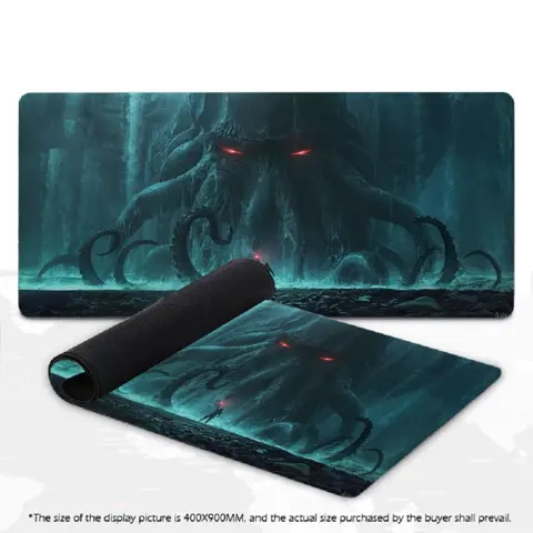 Cthulhu Deep Sea Gothic Monster XXL Gaming Mousepad. This large, overlocked rubber desk mat features unique artwork, perfect for your PC keyboard setup and gaming accessories.