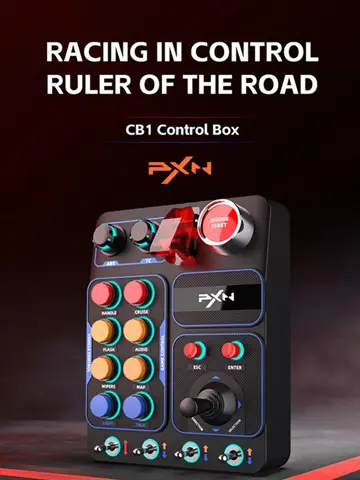 PXN CB1 Racing Game Central Control Box for PC featuring 30 programmable buttons and a sturdy mounting fixture for a professional simulation gaming setup.