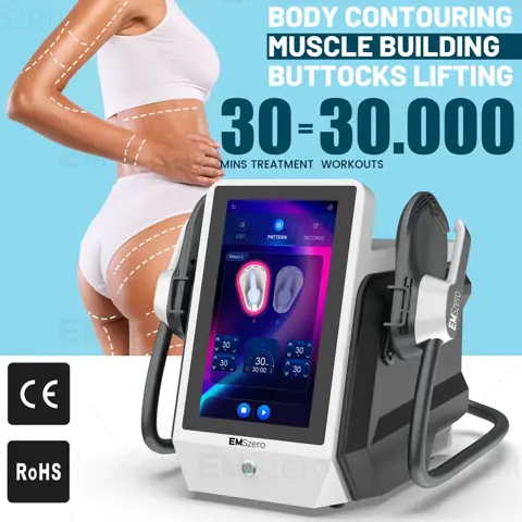 EMSzero 6500W 15Tesla Professional Body Sculpting Machine for Fat Removal and Muscle Building. This electric muscle stimulation system provides effective contouring and slimming.