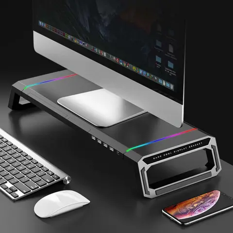 Multi-Function Desk Stand for Computer Monitor, Laptop, Tablet, USB Type-C Extend Adapter with Colorful Backlighting